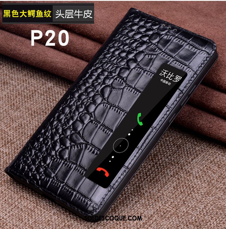 Coque Huawei P20 Noir Étui Cuir Véritable Protection Dormance Housse Soldes