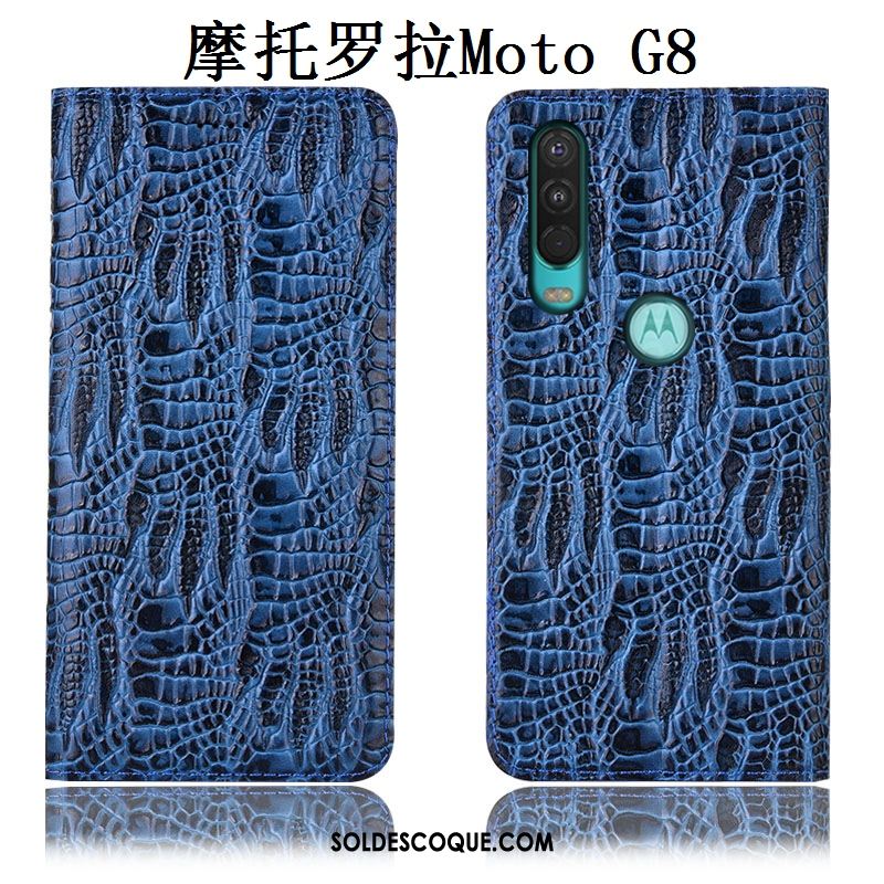 Coque Moto G8 Incassable Protection Cuir Véritable Bleu Téléphone Portable Soldes
