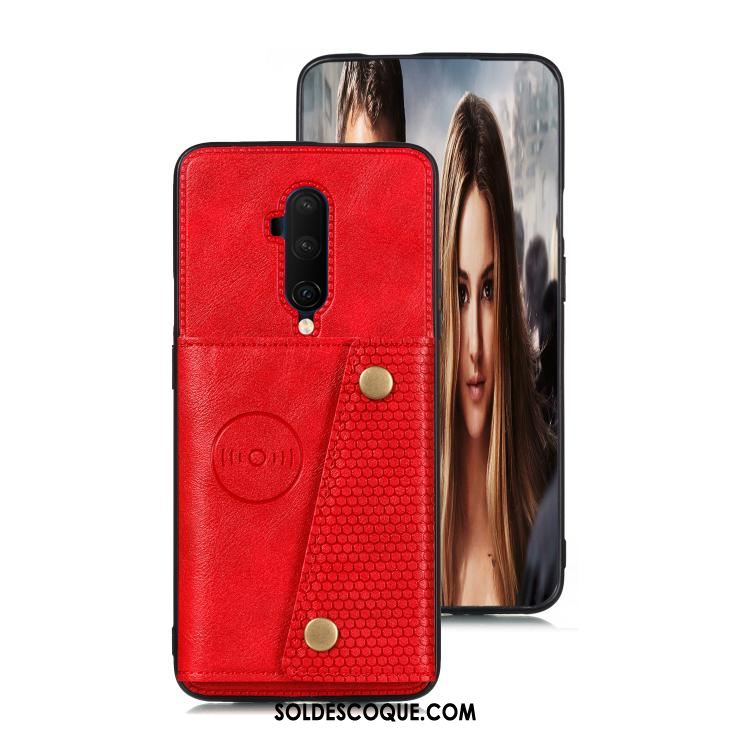 Coque Oneplus 7t Pro Carte Téléphone Portable Étui En Cuir Rouge Protection Housse Soldes