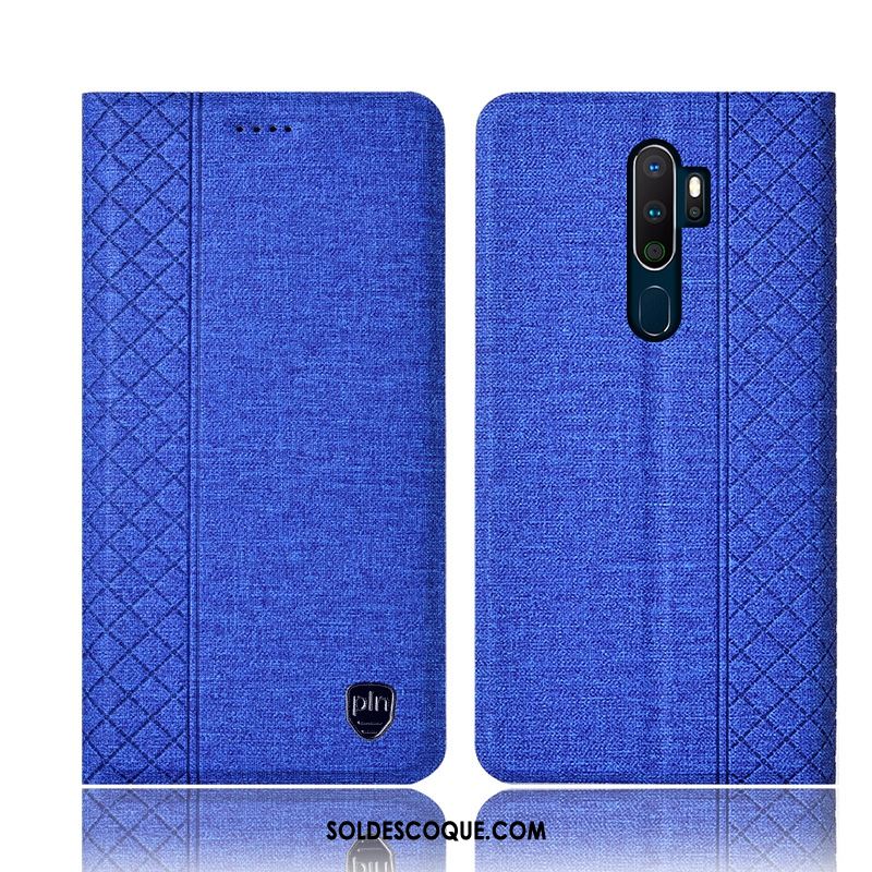 Coque Oppo A9 2020 Étui En Cuir Lin Plaid Téléphone Portable Bleu Pas Cher