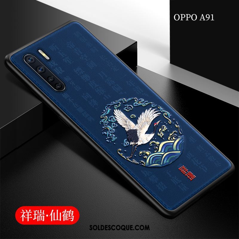 Coque Oppo A91 Tout Compris Style Chinois Protection Cuir Bleu Pas Cher