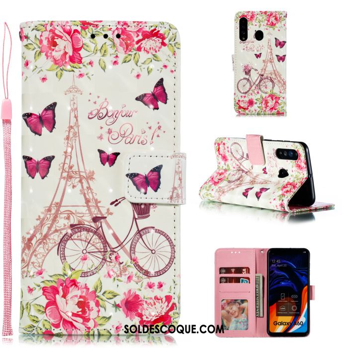 Coque Samsung Galaxy A60 Rose Carte Étui En Cuir Étoile Téléphone Portable Housse Soldes