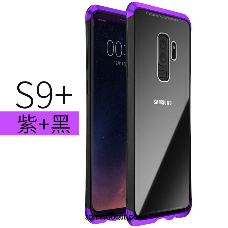 Coque Samsung Galaxy S9+ Métal Protection Couvercle Arrière Verre Trempé Violet Pas Cher