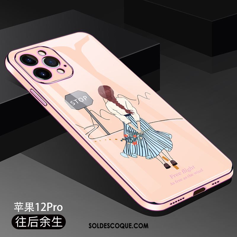 Coque iPhone 12 Pro Transparent Étui Tendance Rose Téléphone Portable Soldes