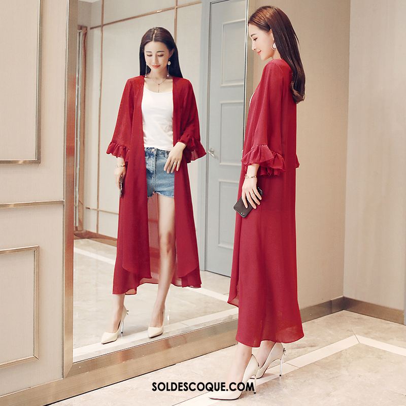 Vêtement Anti Uv Femme Châle Rouge Cardigan Long Section Mousseline De Soie En Ligne