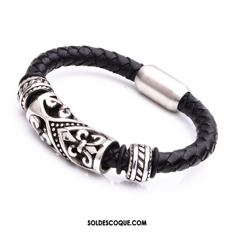 Bijoux En Argent Homme Europe Rétro Simple Main En Cuir Bracelet Soldes