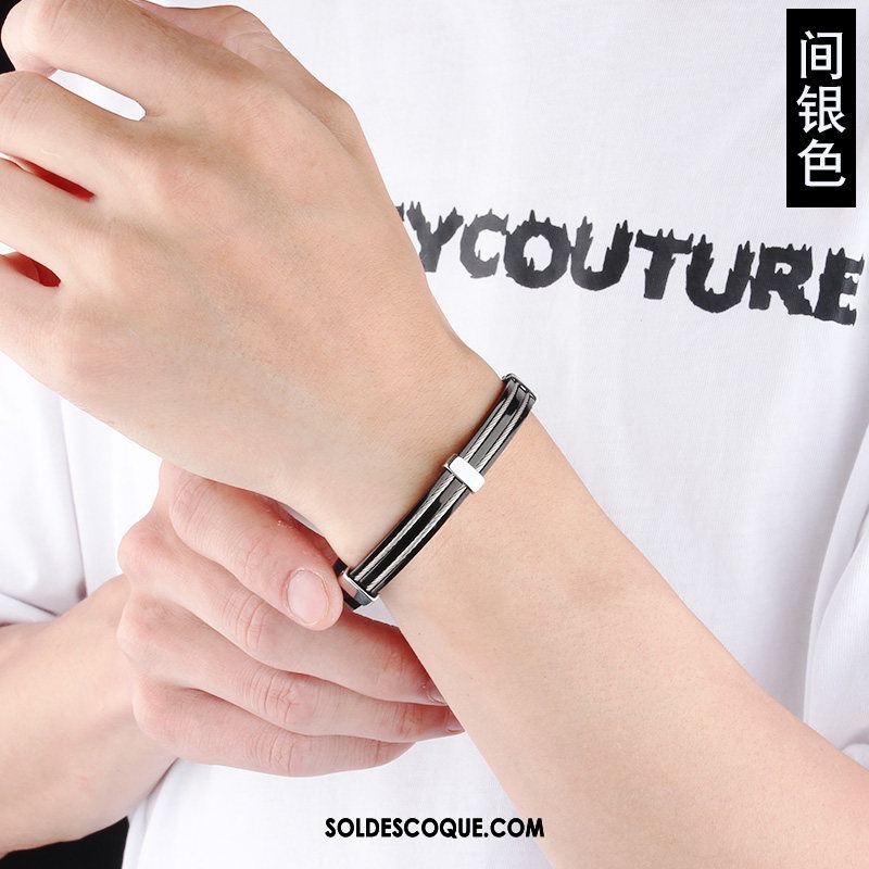 Bijoux En Argent Homme Noir Simple Tendance Mode Bracelet Pas Cher