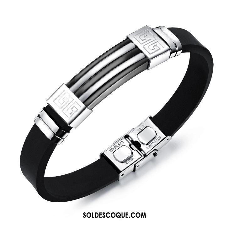 Bijoux En Argent Homme Noir Tendance Mode Bracelet Silicone Soldes