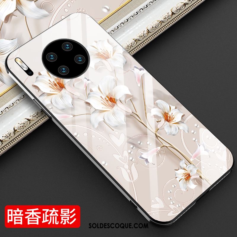 Coque Huawei Mate 30 Marque De Tendance Téléphone Portable Très Mince Blanc Fleurs Pas Cher