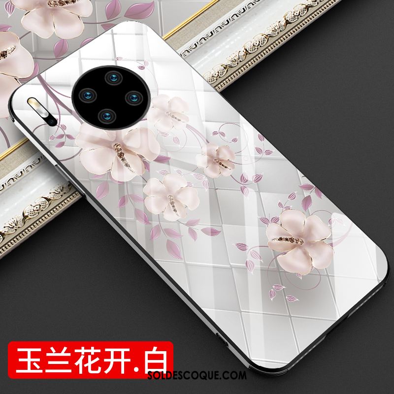 Coque Huawei Mate 30 Marque De Tendance Téléphone Portable Très Mince Blanc Fleurs Pas Cher