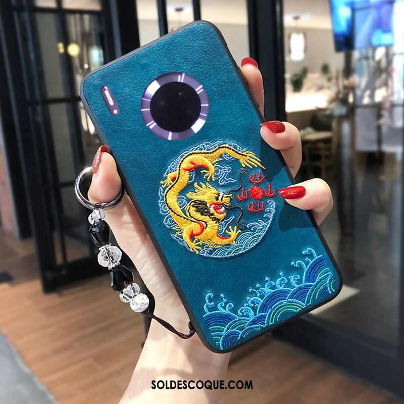 Coque Huawei Mate 30 Téléphone Portable Délavé En Daim Gaufrage Rouge Broderie Housse Pas Cher