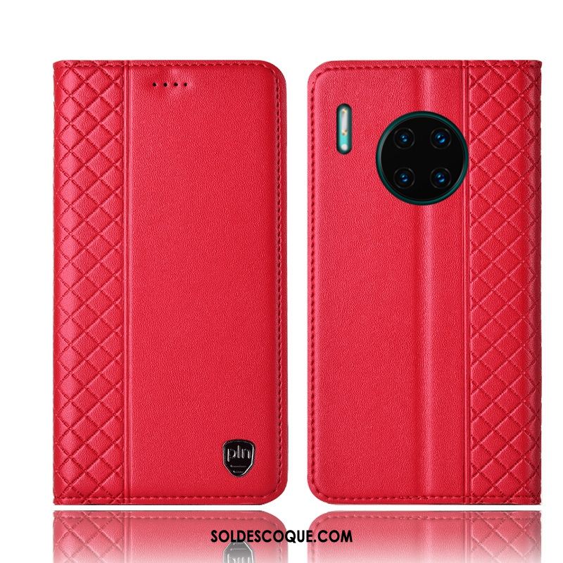 Coque Huawei Mate 30 Téléphone Portable Plaid Cuir Véritable Noir Protection En Vente