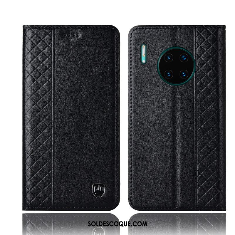 Coque Huawei Mate 30 Téléphone Portable Plaid Cuir Véritable Noir Protection En Vente