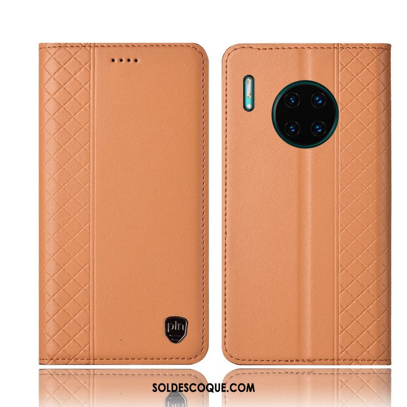 Coque Huawei Mate 30 Téléphone Portable Plaid Cuir Véritable Noir Protection En Vente