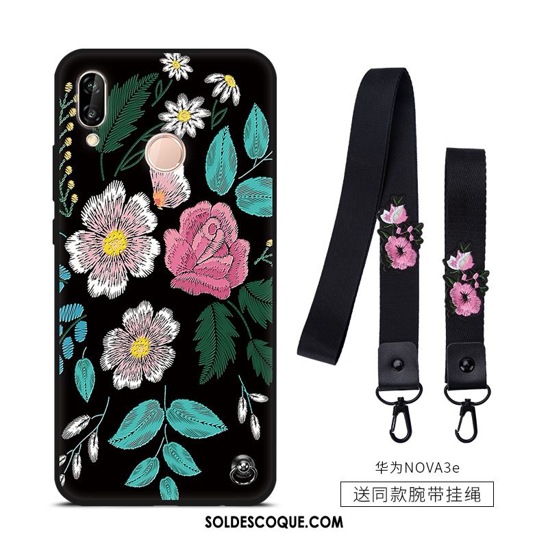 Coque Huawei Nova 3e Incassable Noir Fluide Doux Tendance Fleur Soldes