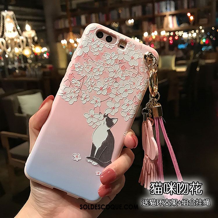 Coque Huawei P10 Plus Rose Délavé En Daim Gaufrage Téléphone Portable Fluide Doux Housse Pas Cher