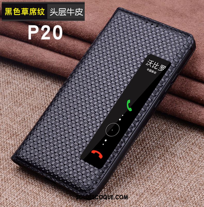 Coque Huawei P20 Noir Étui Cuir Véritable Protection Dormance Housse Soldes