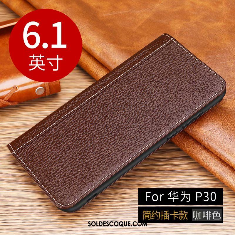 Coque Huawei P30 Étui En Cuir Simple Téléphone Portable Marron Cuir Véritable En Ligne