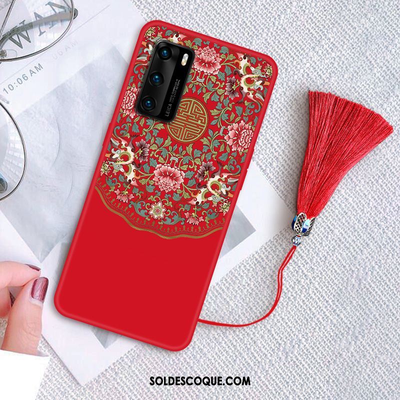 Coque Huawei P40 Incassable Net Rouge Vintage Personnalité Délavé En Daim Soldes