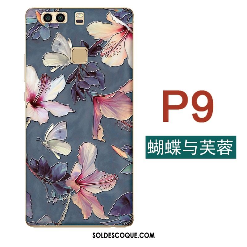 Coque Huawei P9 Petit Art Fluide Doux Bleu Fleurs Housse Soldes