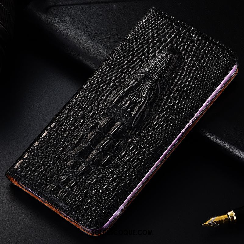 Coque Huawei Y5 2019 Étui Cuir Véritable Crocodile Protection Noir Housse En Ligne