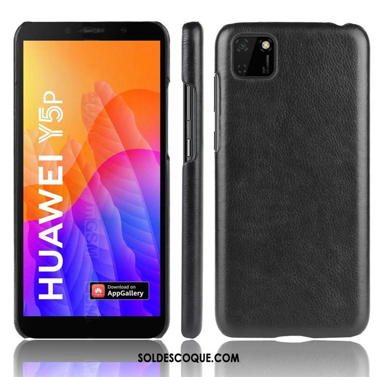 Coque Huawei Y5p Modèle Fleurie Noir Litchi Cuir Étui En Ligne