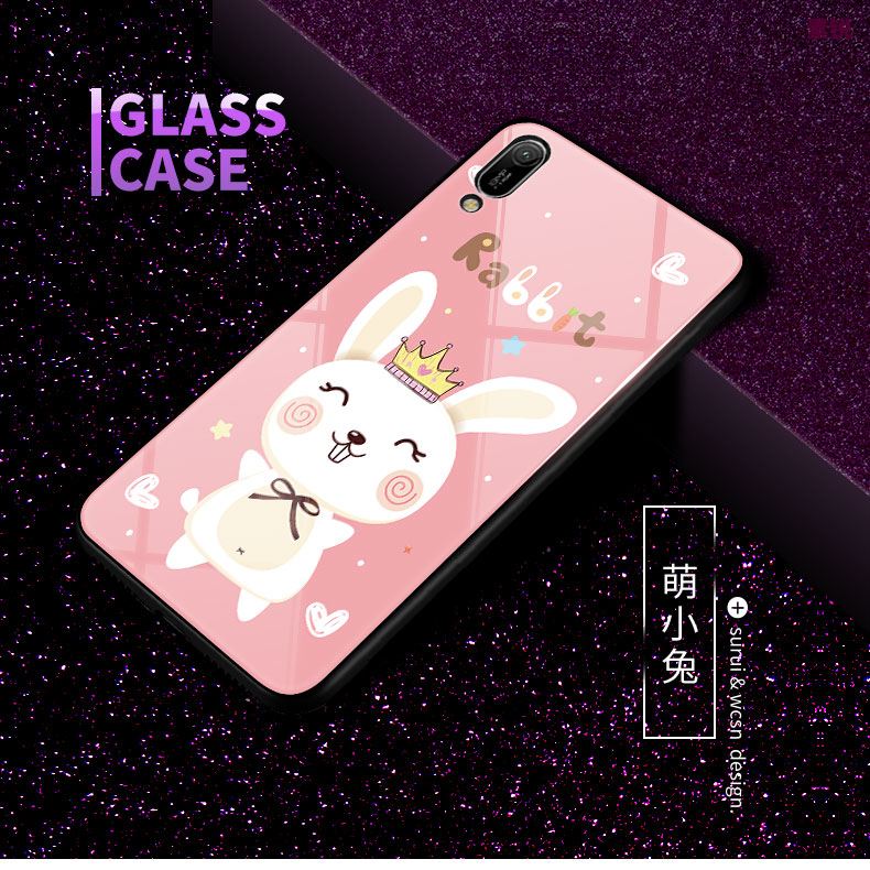 Coque Huawei Y6 2019 Bleu Délavé En Daim Verre Tempérer Dessin Animé Housse Soldes