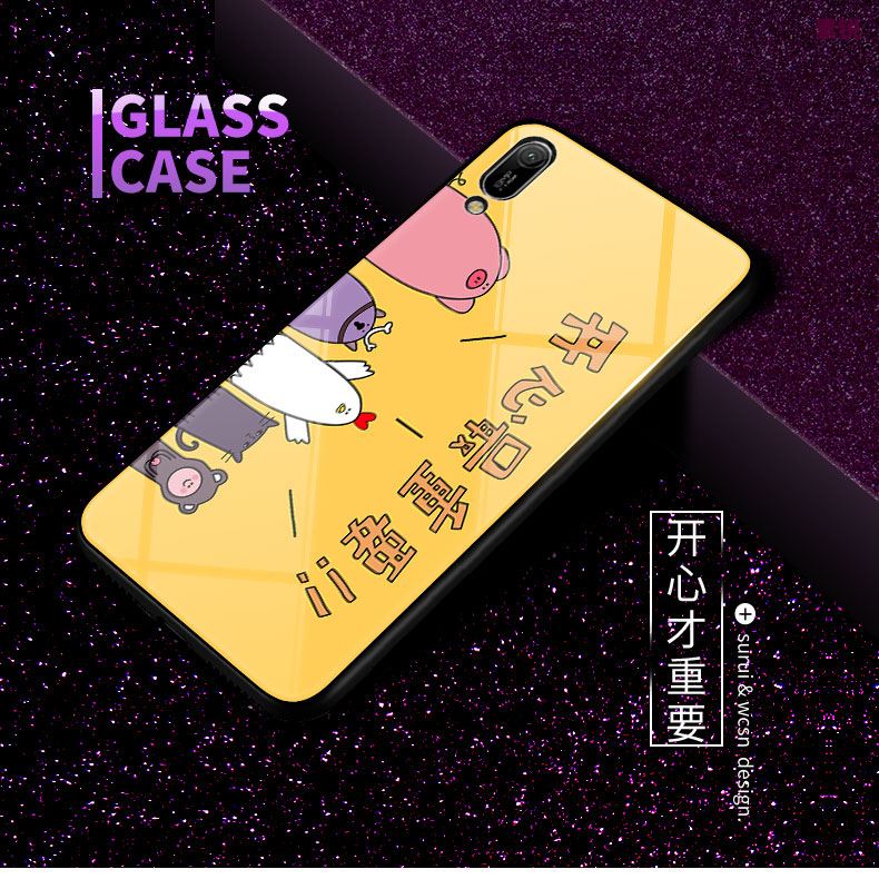 Coque Huawei Y6 2019 Bleu Délavé En Daim Verre Tempérer Dessin Animé Housse Soldes