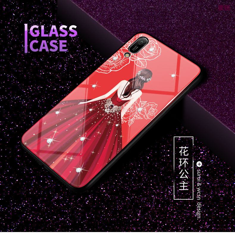 Coque Huawei Y6 2019 Bleu Délavé En Daim Verre Tempérer Dessin Animé Housse Soldes