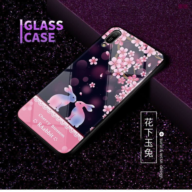 Coque Huawei Y6 2019 Bleu Délavé En Daim Verre Tempérer Dessin Animé Housse Soldes