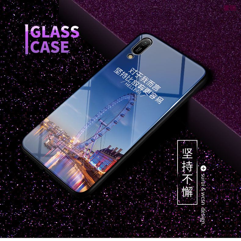 Coque Huawei Y6 2019 Bleu Délavé En Daim Verre Tempérer Dessin Animé Housse Soldes