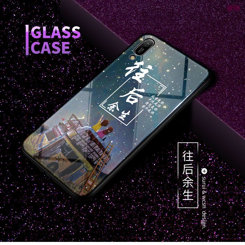 Coque Huawei Y6 2019 Bleu Délavé En Daim Verre Tempérer Dessin Animé Housse Soldes