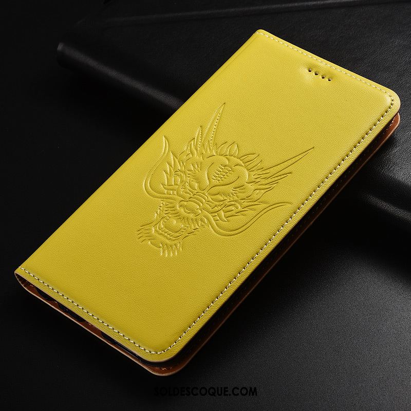 Coque Moto G7 Play Cuir Véritable Jaune Étui Dragon Modèle Fleurie Soldes