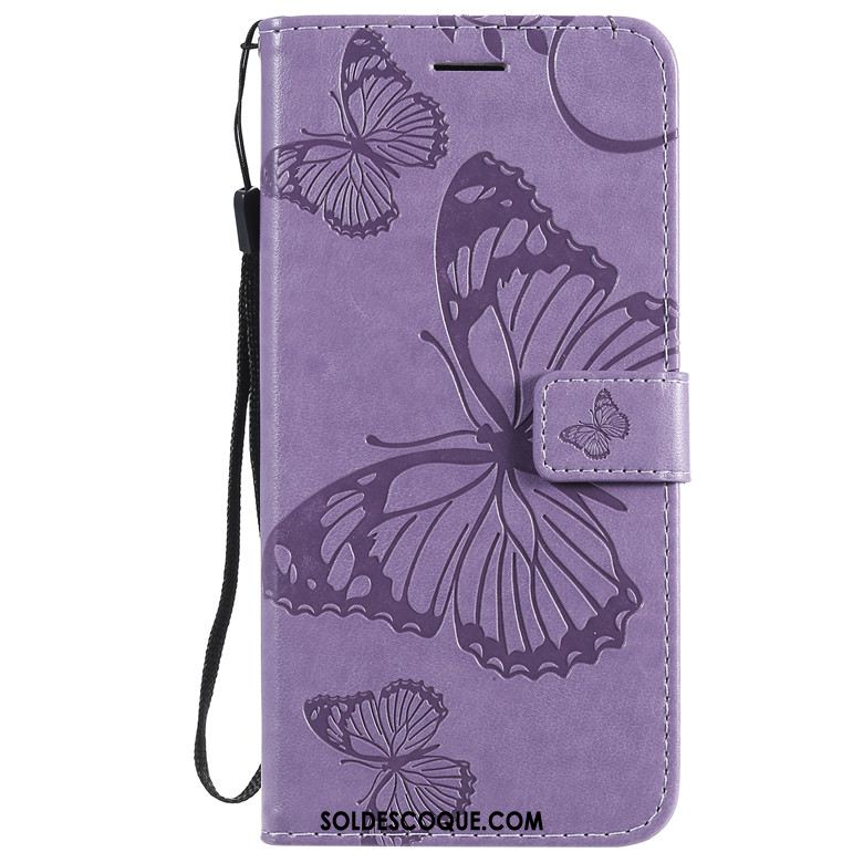 Coque Motorola One Macro Étui En Cuir Violet Téléphone Portable Tout Compris Fleurs De Papillons Pas Cher