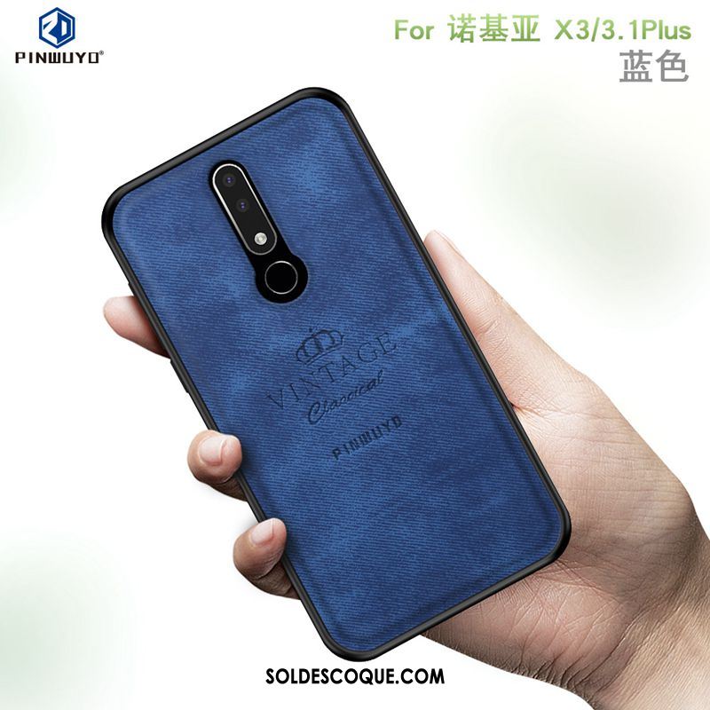 Coque Nokia 3.1 Plus Modèle Fleurie Gris Délavé En Daim Très Mince Tissu Pas Cher