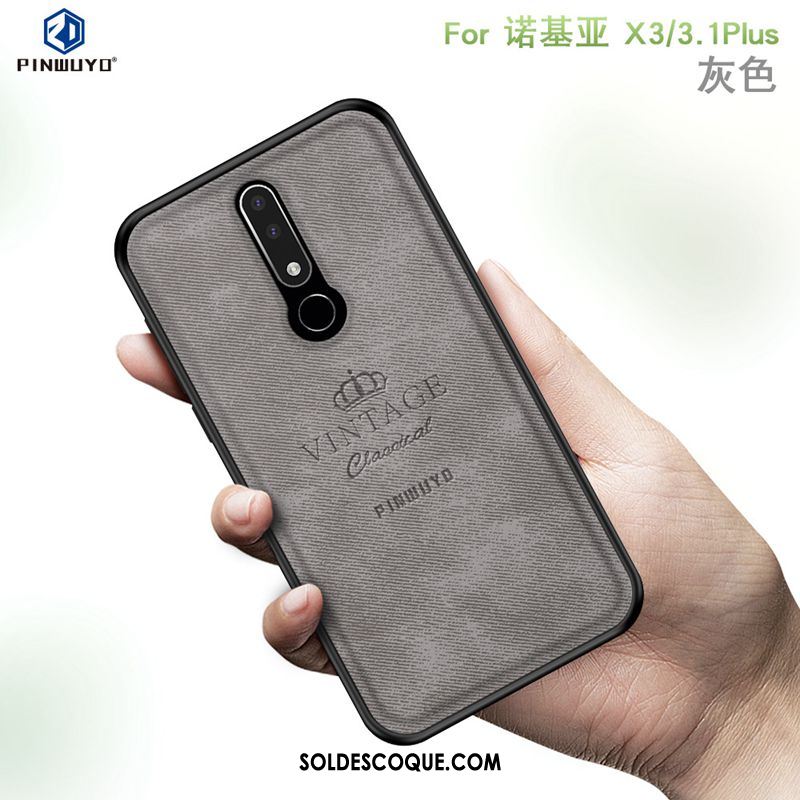 Coque Nokia 3.1 Plus Modèle Fleurie Gris Délavé En Daim Très Mince Tissu Pas Cher