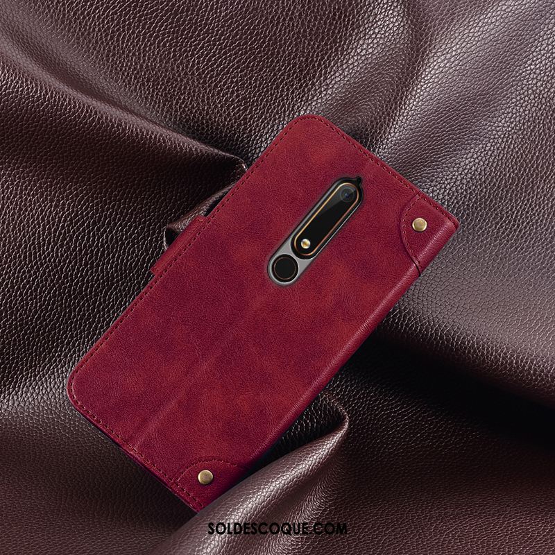 Coque Nokia 6.1 Carte Étui En Cuir Protection Portefeuille Rouge En Vente