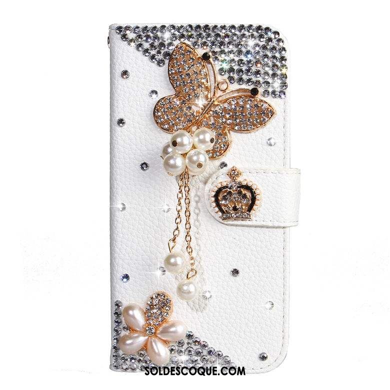 Coque Nokia 7.1 Incruster Strass Étui En Cuir Téléphone Portable Blanc Manuel Pas Cher