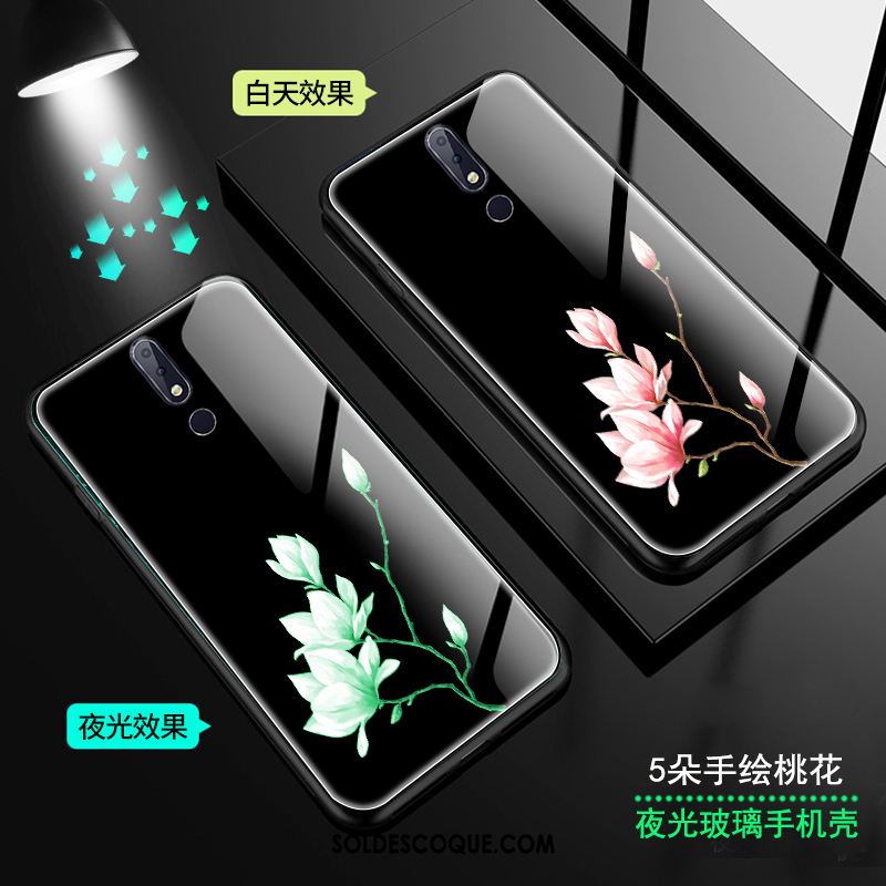 Coque Nokia 7.1 Verre Vent Fleur De Pêche Lumineuses Noir Housse En Vente