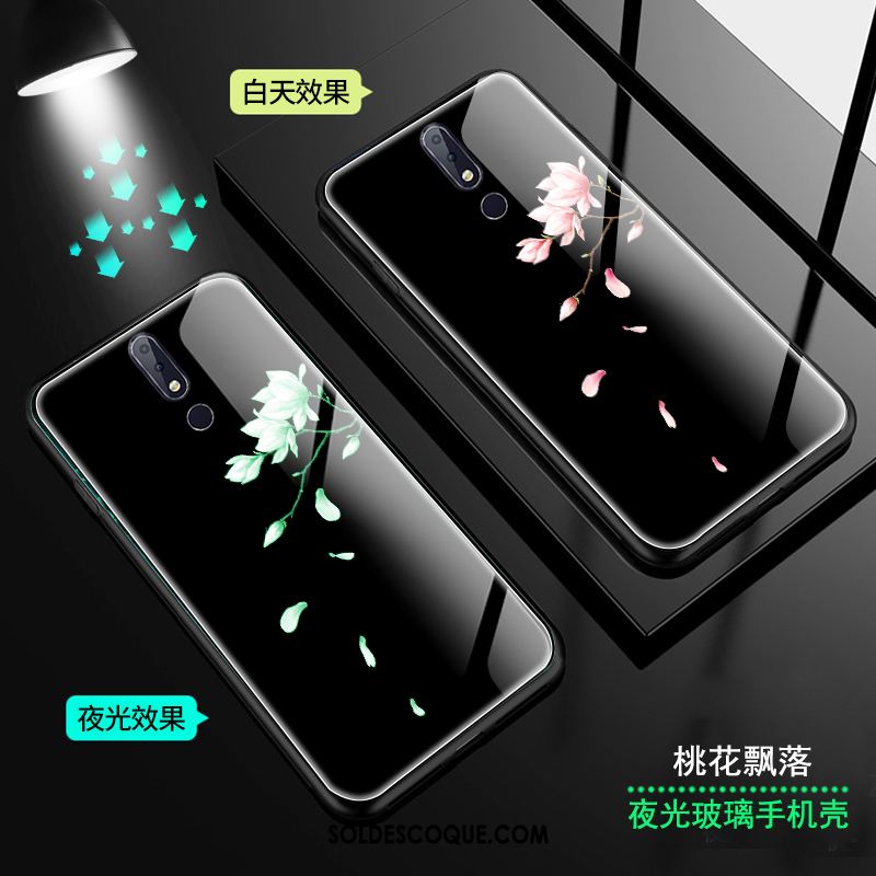 Coque Nokia 7.1 Verre Vent Fleur De Pêche Lumineuses Noir Housse En Vente