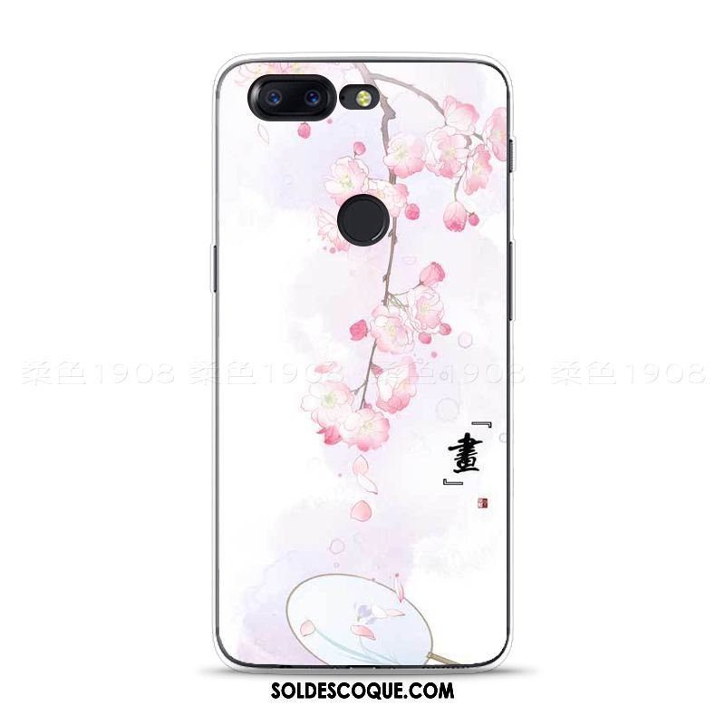 Coque Oneplus 5t Téléphone Portable Frais Fleur De Pêche Vert Peinture À L'encre France