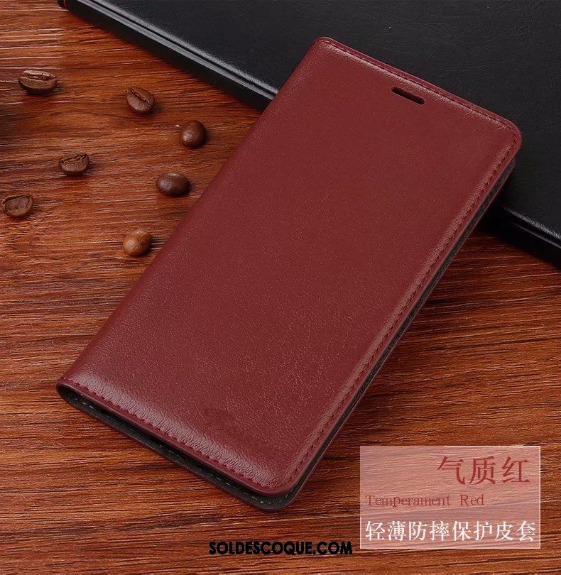 Coque Oppo A3s Étui En Cuir Cuir Véritable Rouge Protection Nouveau Pas Cher