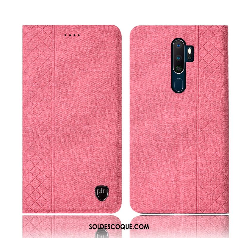 Coque Oppo A9 2020 Étui En Cuir Lin Plaid Téléphone Portable Bleu Pas Cher