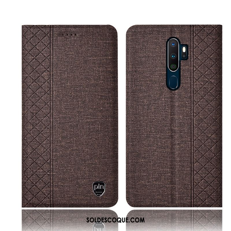 Coque Oppo A9 2020 Étui En Cuir Lin Plaid Téléphone Portable Bleu Pas Cher