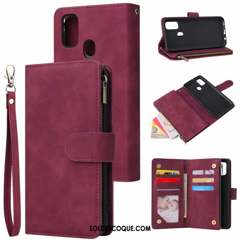 Coque Samsung Galaxy M30s Étui En Cuir Clamshell Carte Vin Rouge Étoile Pas Cher