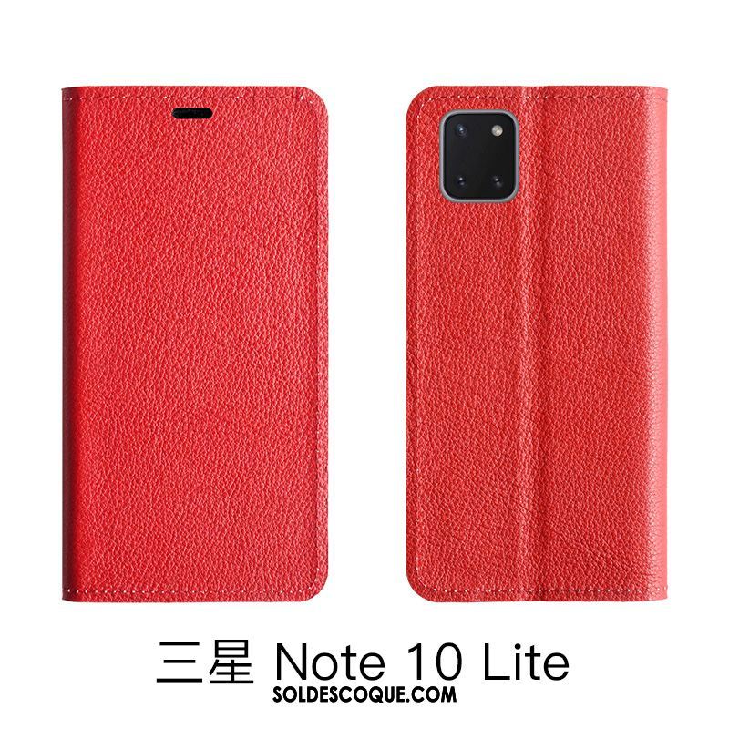 Coque Samsung Galaxy Note 10 Lite Rouge Litchi Étui En Cuir Modèle Fleurie Cuir Véritable En Vente