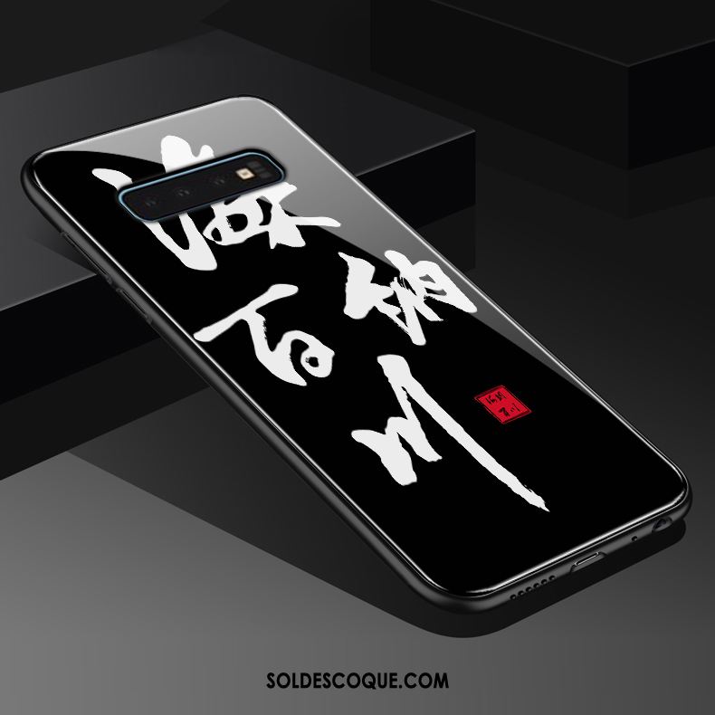 Coque Samsung Galaxy S10+ Noir Créatif Style Chinois Verre Trempé Téléphone Portable Housse Soldes