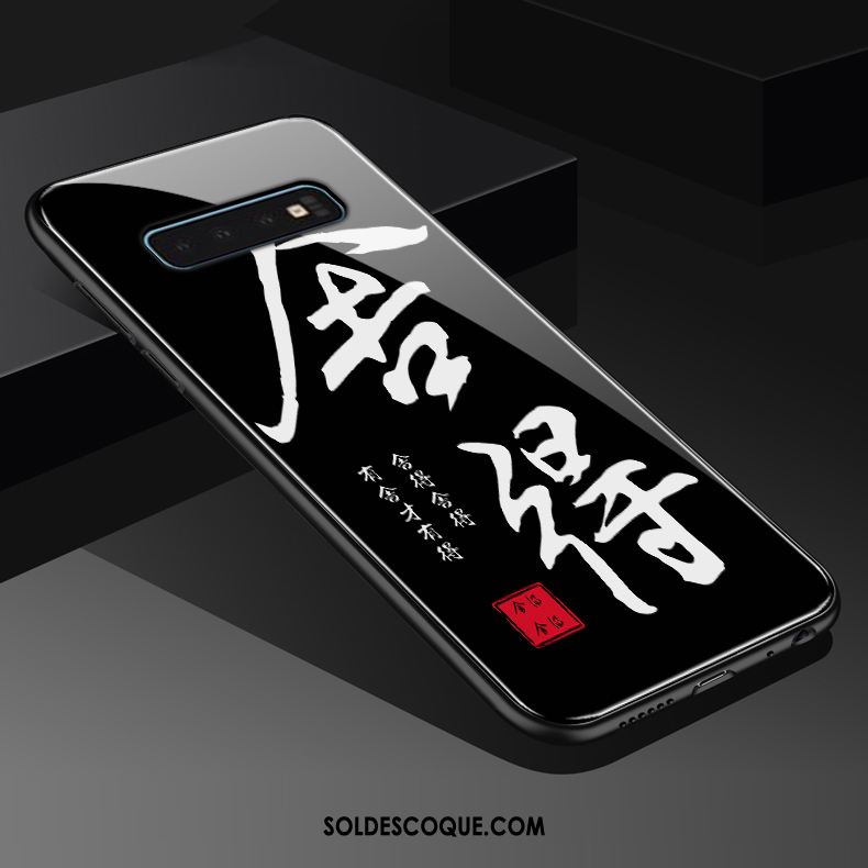 Coque Samsung Galaxy S10+ Noir Créatif Style Chinois Verre Trempé Téléphone Portable Housse Soldes