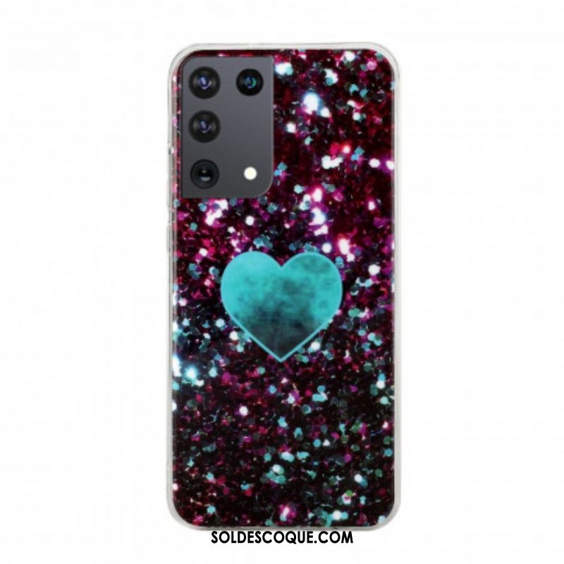 Coque Samsung Galaxy S21 Ultra 5G Coeur Marbre Paillettes