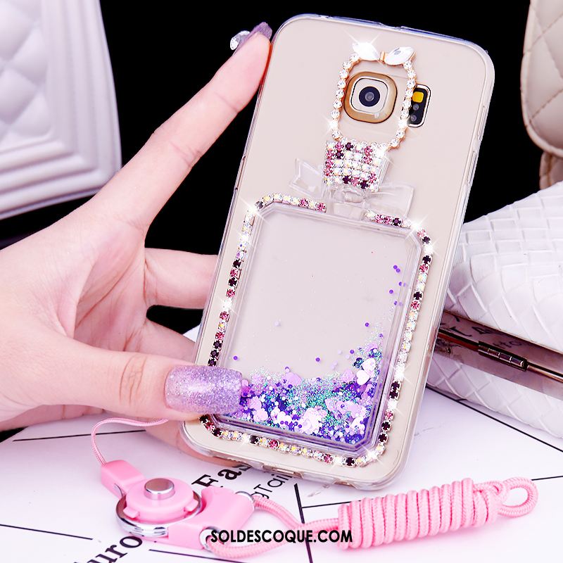 Coque Samsung Galaxy S6 Edge Rose Fluide Doux Strass Téléphone Portable Protection Housse Pas Cher